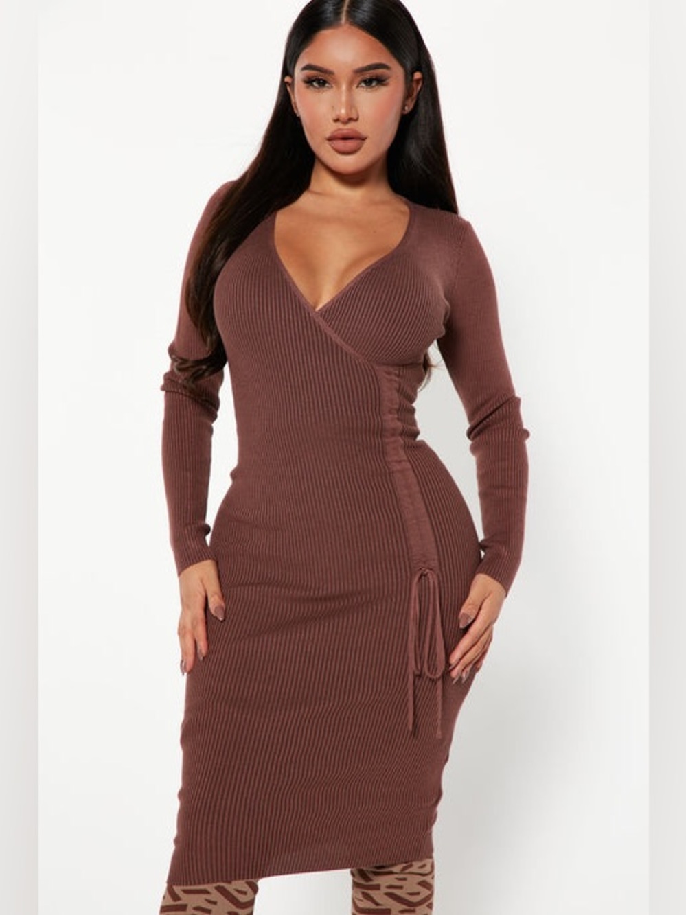 Fashion Nova Ribbed Wrap Midi Dress in Chocolate Brown